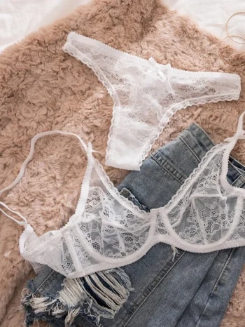White Semi Sheer Floral Lace Underwire Lingerie Set