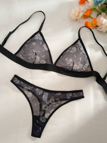 Black Floral Print Mesh Lingerie Set
